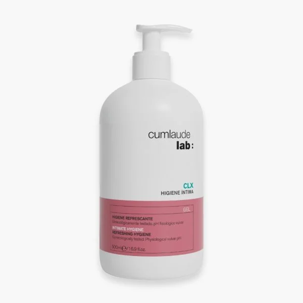 Flacon pompe blanc Cumlaude Lab CLX Higiene Íntima gel, étiquette rose, 500 ml