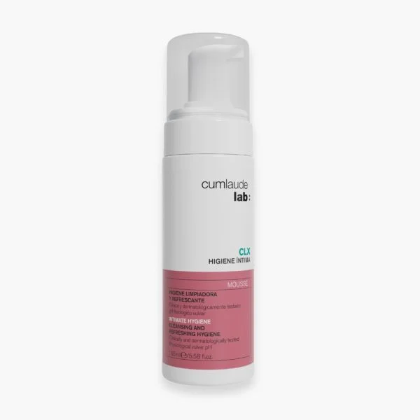 Flacon moussant blanc Cumlaude Lab CLX Higiene Íntima mousse, étiquette rose