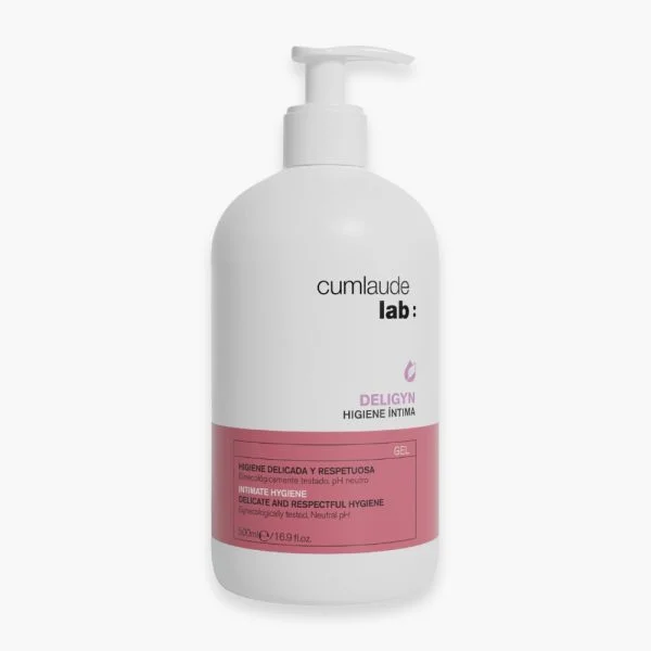 Flacon pompe blanc Cumlaude Lab Deligyn Higiene Íntima gel, étiquette rose, 500 ml
