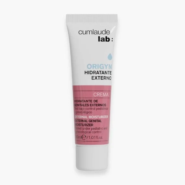 Tube blanc et rose Cumlaude Lab Origyn Hidratante Externo crème, 30 ml