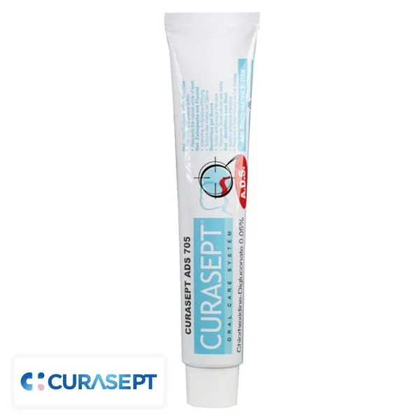 Tube blanc et bleu Curasept ADS 705 dentifrice gel fluoré 75 ml