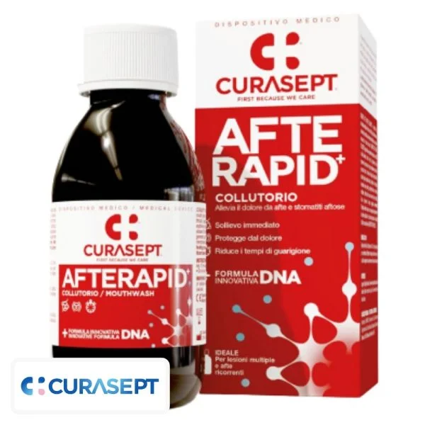 Flacon et étui rouges Curasept Afterapid bain de bouche aphtes 125 ml