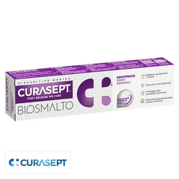 Étui violet dentifrice Curasept Biosmalto dents sensibles tube 75 ml