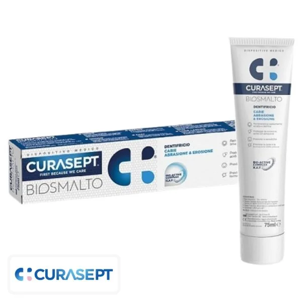 Étui bleu foncé et tube dentifrice Curasept Biosmalto caries 75 ml