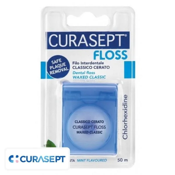Boîtier bleu fil dentaire ciré Curasept Floss menthe 50 m
