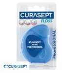 Boîtier bleu fil dentaire Curasept Floss Professional avec pictogrammes dentaires