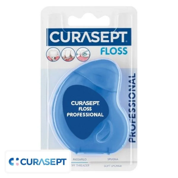 Boîtier bleu fil dentaire Curasept Floss Professional avec pictogrammes dentaires