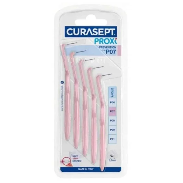 Blister cinq brossettes interdentaires roses coudées Curasept Proxi Angle P07
