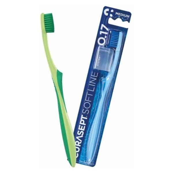 Brosse à dents Curasept Softline verte et blister bleu medium