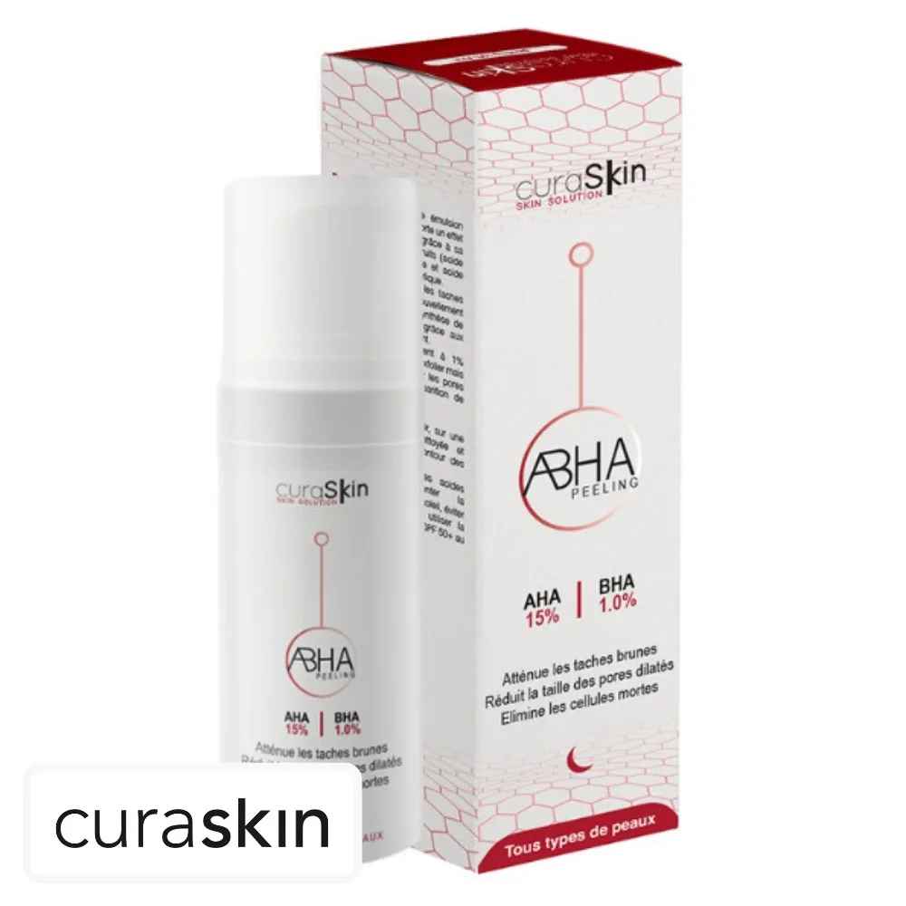 curaskin-abha-peeling-15-aha-10-bha-30ml.jpg Flacon airless et étui blanc rouge Curaskin ABHA Peeling 30 ml