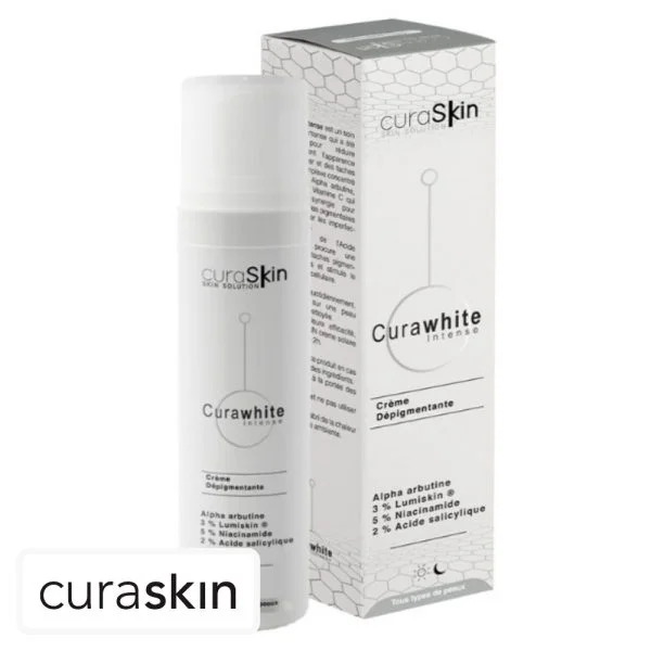Flacon airless et étui blanc crème dépigmentante Curaskin Curawhite Intense