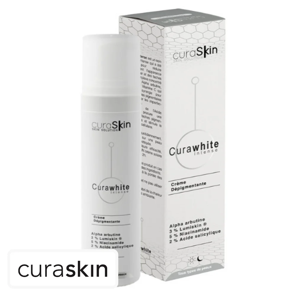 curaskin-curawhite-intense-creme-depigmentante-50ml.jpg Flacon airless et étui blanc crème dépigmentante Curaskin Curawhite Intense