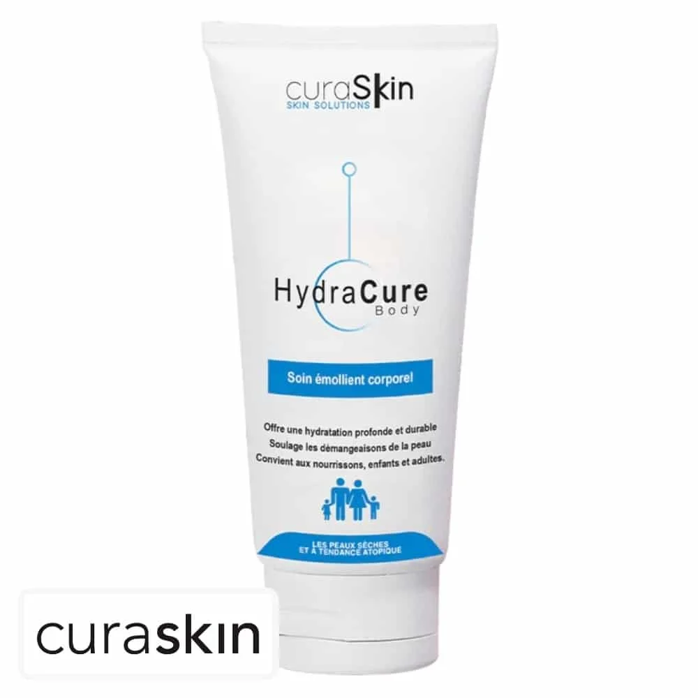 curaskin-hydracure-soin-emollient-corporel-200ml.jpg Tube blanc Curaskin HydraCure Body soin émollient corporel peaux sèches