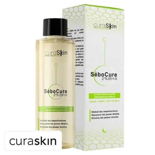 Flacon ambré et étui vert Curaskin SéboCure 2% BHA lotion exfoliante
