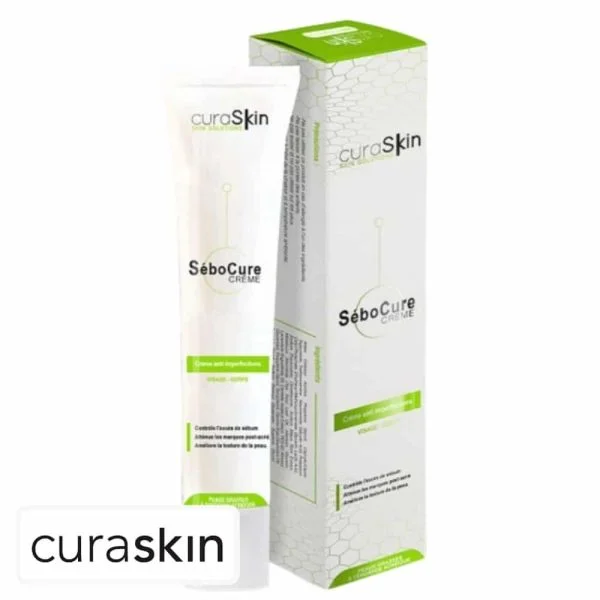 Tube blanc et étui vert Curaskin SéboCure crème anti-imperfections visage corps