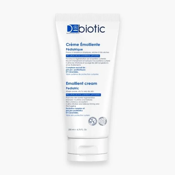 Tube blanc D-Biotic crème émolliente pédiatrique 200 ml, texte bleu