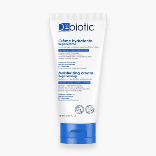 Tube blanc D-Biotic crème hydratante régénérante 75 ml, bouchon bleu