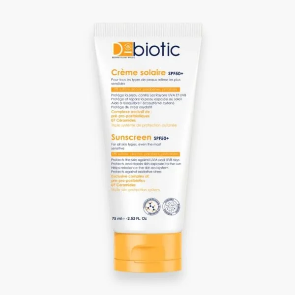 Tube blanc D-Biotic crème solaire SPF50+ 75 ml, bouchon orange