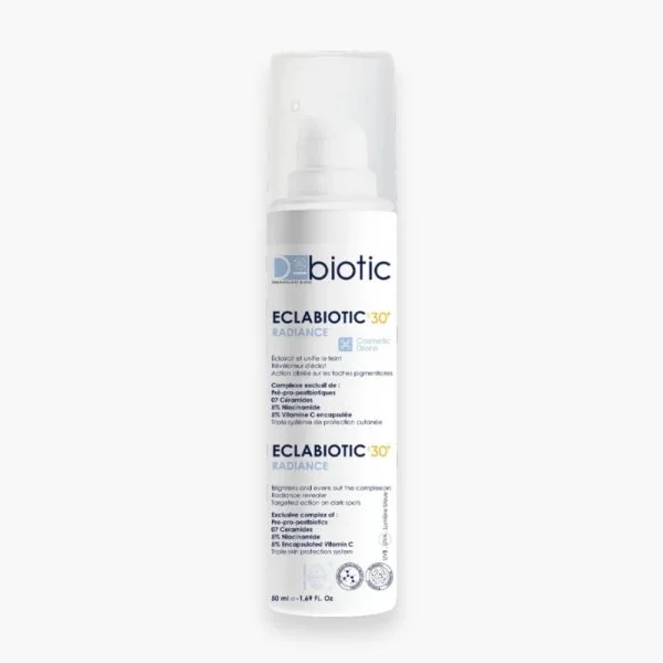 Flacon pompe D-Biotic Eclabiotic Radiance SPF30+ 50 ml et texture crème blanche