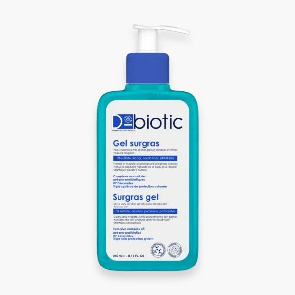 Flacon pompe turquoise D-Biotic Gel surgras 240 ml sur fond clair