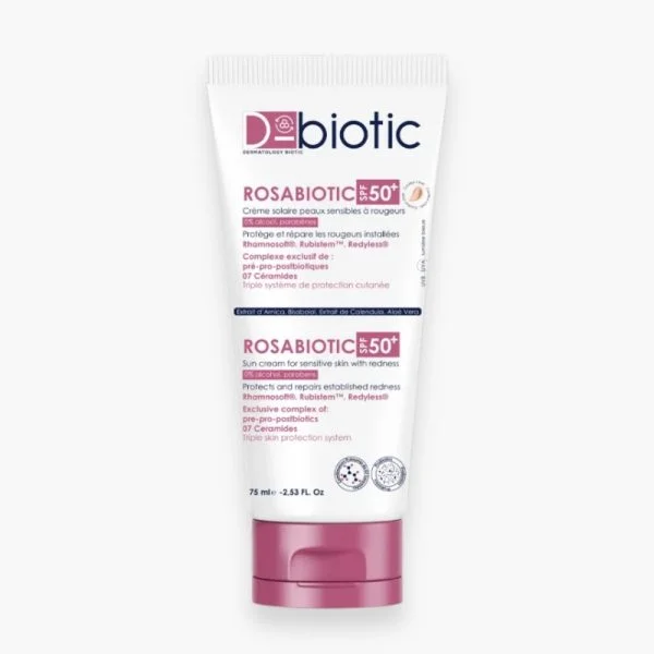 Tube blanc et rose D-Biotic Rosabiotic crème solaire SPF50+ 75 ml