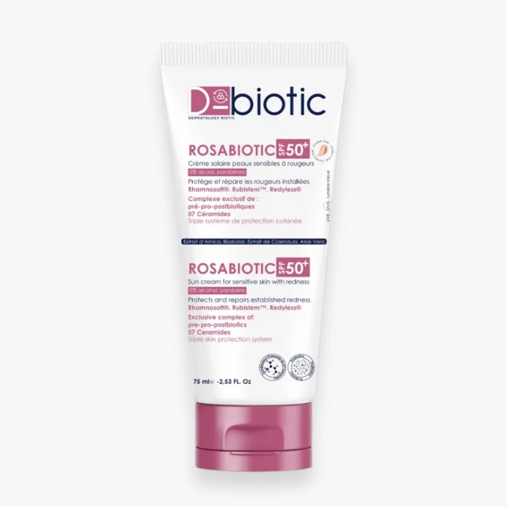 d-biotic-rosabiotic-creme-solaire-teintee-claire-spf50-75ml.jpg Tube blanc et rose D-Biotic Rosabiotic crème solaire SPF50+ 75 ml