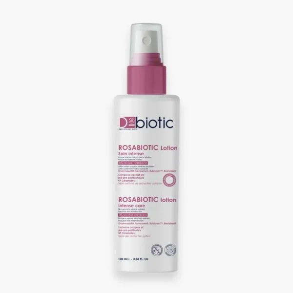 Flacon spray blanc et rose D-Biotic Rosabiotic lotion soin intense 100 ml