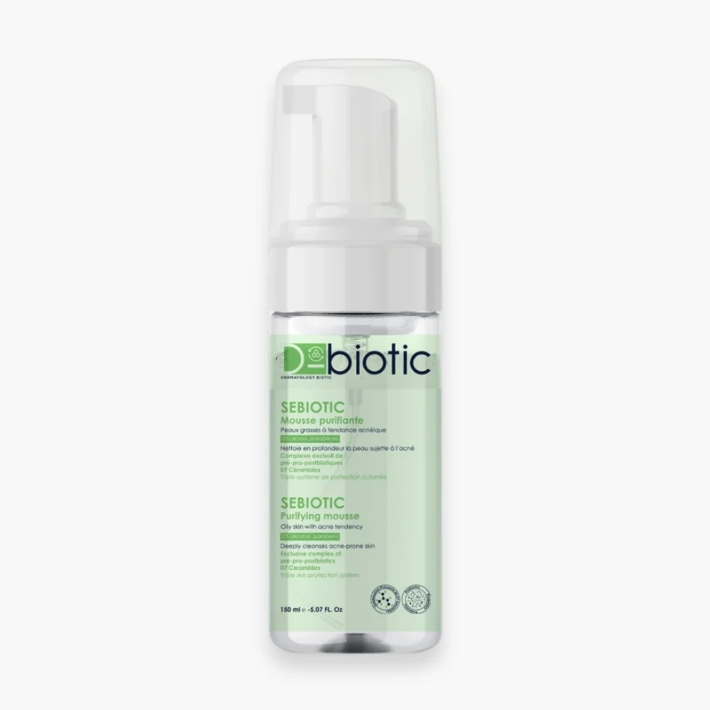 d-biotic-sebiotic-mousse-purifiante-nettoyante-150ml.jpg Flacon pousse-mousse vert D-Biotic Sebiotic mousse purifiante 150 ml