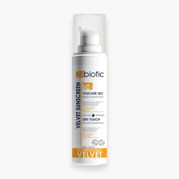 Flacon pompe blanc et orange D-Biotic Velvet écran solaire SPF50+ 50 ml