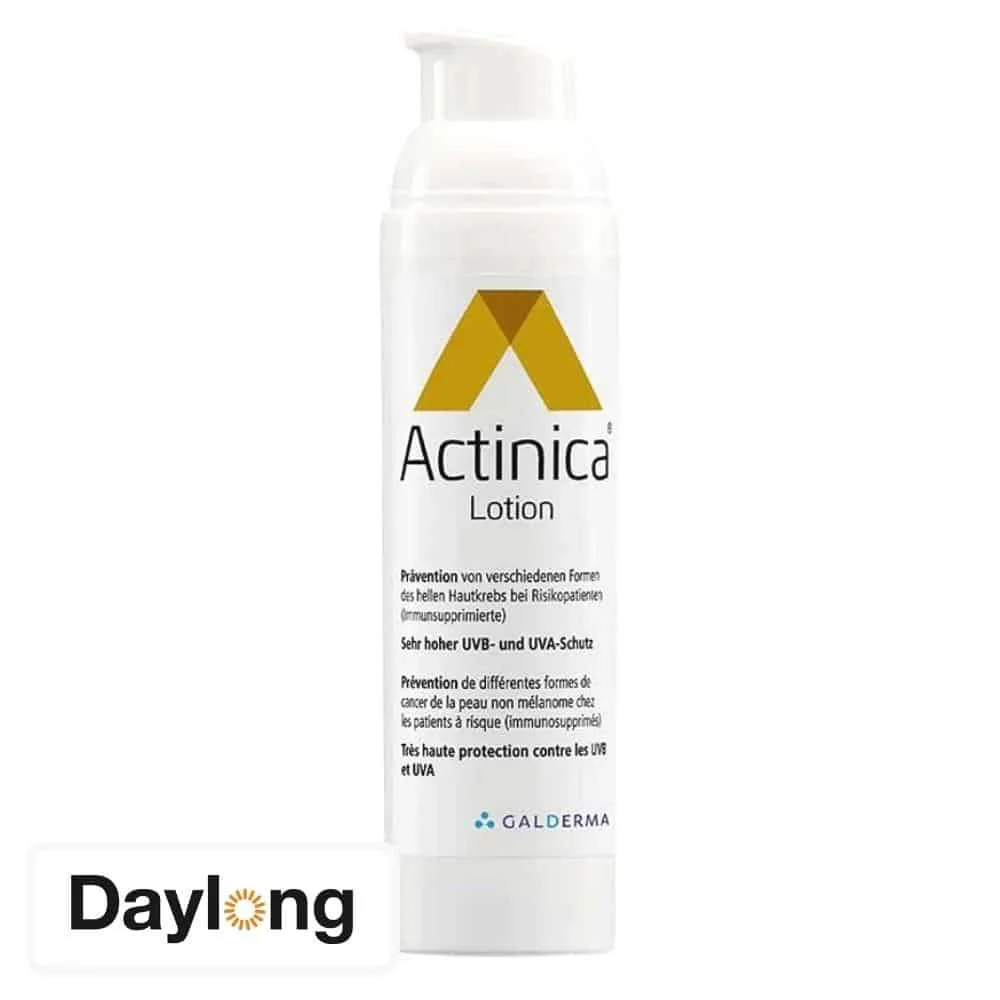 daylong-actinica-lotion-80g.jpg Flacon airless blanc Daylong Actinica Lotion avec logo doré et pompe