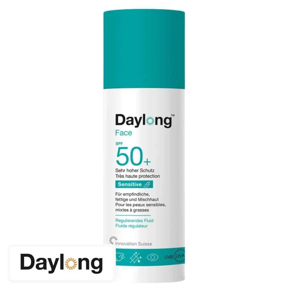 daylong-sensitive-face-spf50-fluide-regulateur-50ml.jpg Flacon pompe blanc capuchon turquoise Daylong Face Sensitive SPF 50+ fluide
