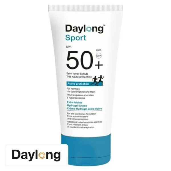 Tube blanc Daylong Sport SPF 50+ bouchon bleu, mention Active protection