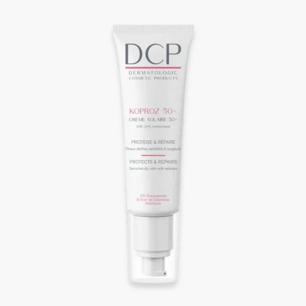 Tube pompe blanc DCP Koproz crème solaire SPF 50+ 50 ml