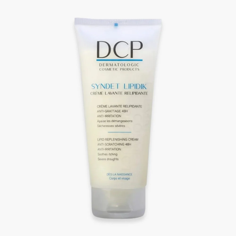 dcp-lipidik-syndet-creme-lavante-relipidante-200ml.jpg Tube nacré DCP Syndet Lipidik crème lavante relipidante, texte bleu