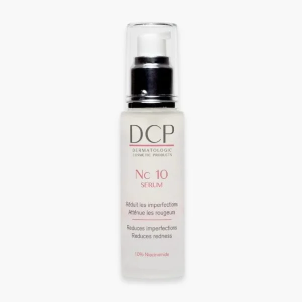 Flacon pompe blanc sérum DCP Nc 10, texte rose sur verre dépoli
