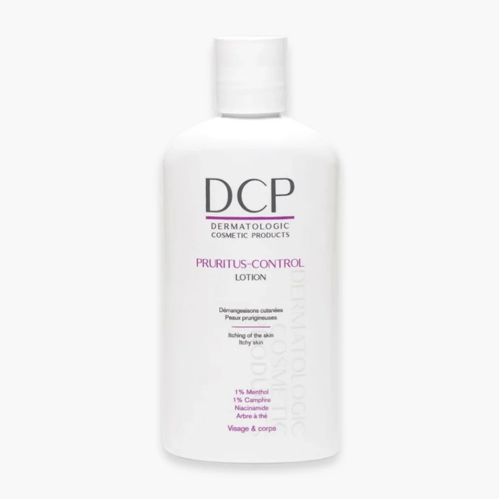 dcp-pruritus-control-lotion-200ml.jpg Flacon blanc lotion DCP Pruritus-Control, inscriptions violettes, bouchon vissé