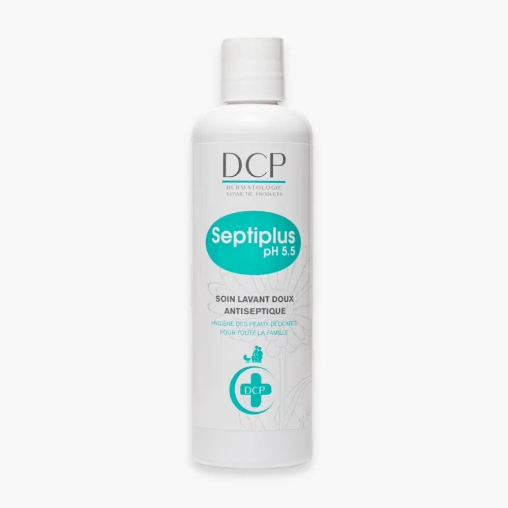 dcp-septiplus-ph-55-soin-lavant-doux-intime-antiseptique-250ml.jpg Flacon blanc DCP Septiplus pH 5,5, pastille verte et croix pharmacie