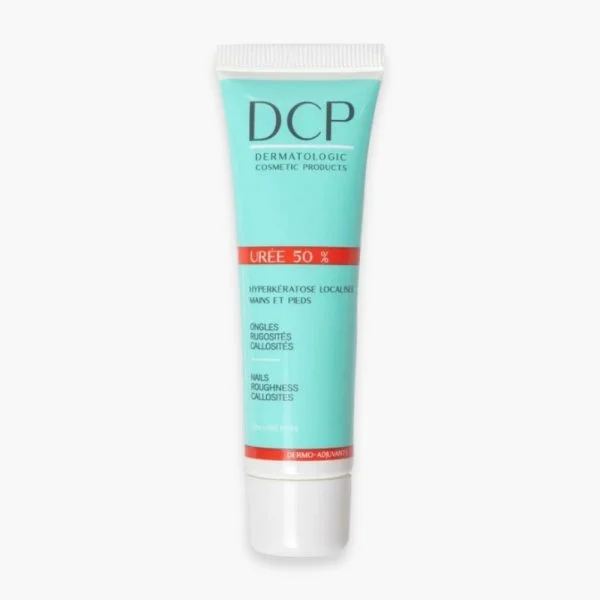 Tube turquoise DCP Urée 50 %, bandeau orange, bouchon blanc