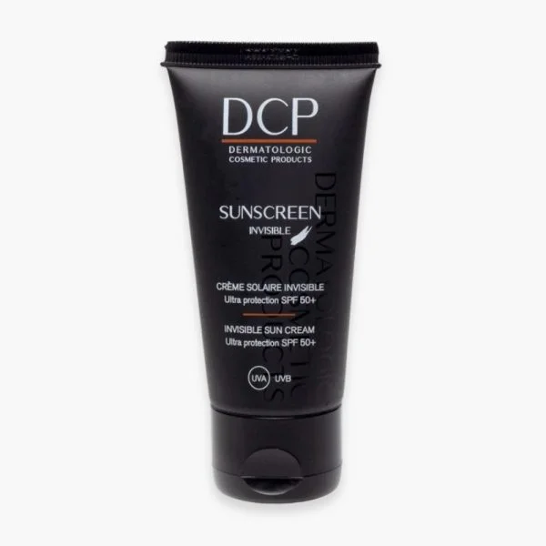Tube noir DCP Sunscreen Invisible SPF 50+, liseré orange, texte blanc