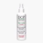 Flacon spray blanc DCP Trio-Acné Lotion, texte vert et rouge