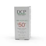 Étui carton gris DCP Trio-Acné-Sun SPF 50+, chiffres rouges et texte vert