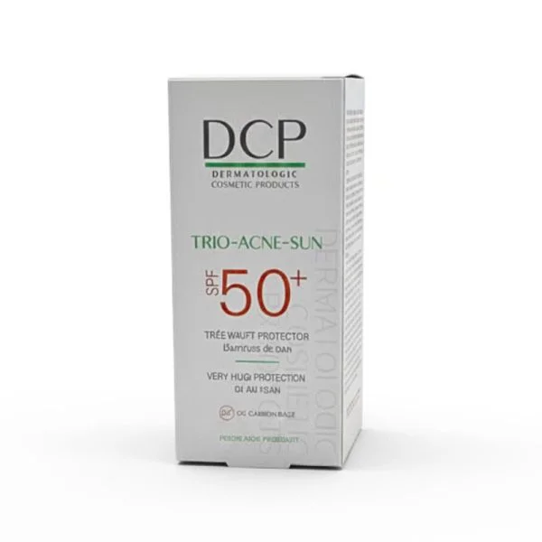 Étui carton gris DCP Trio-Acné-Sun SPF 50+, chiffres rouges et texte vert