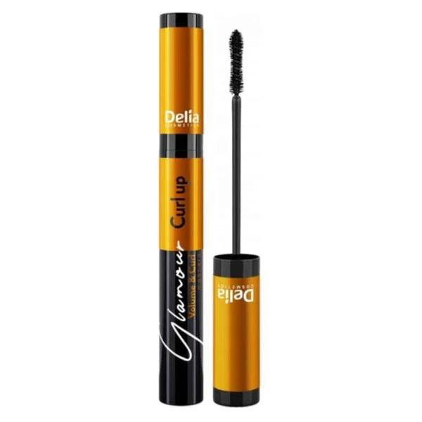 Mascara Delia Cosmetics Glamour Curl Up noir et doré, brosse incurvée