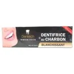 Étui noir Dentech dentifrice au charbon blanchissant, sourire et morceaux de charbon