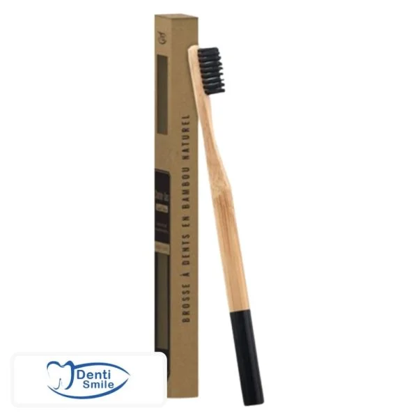Brosse à dents en bambou Denti Smile, poils noirs et étui kraft