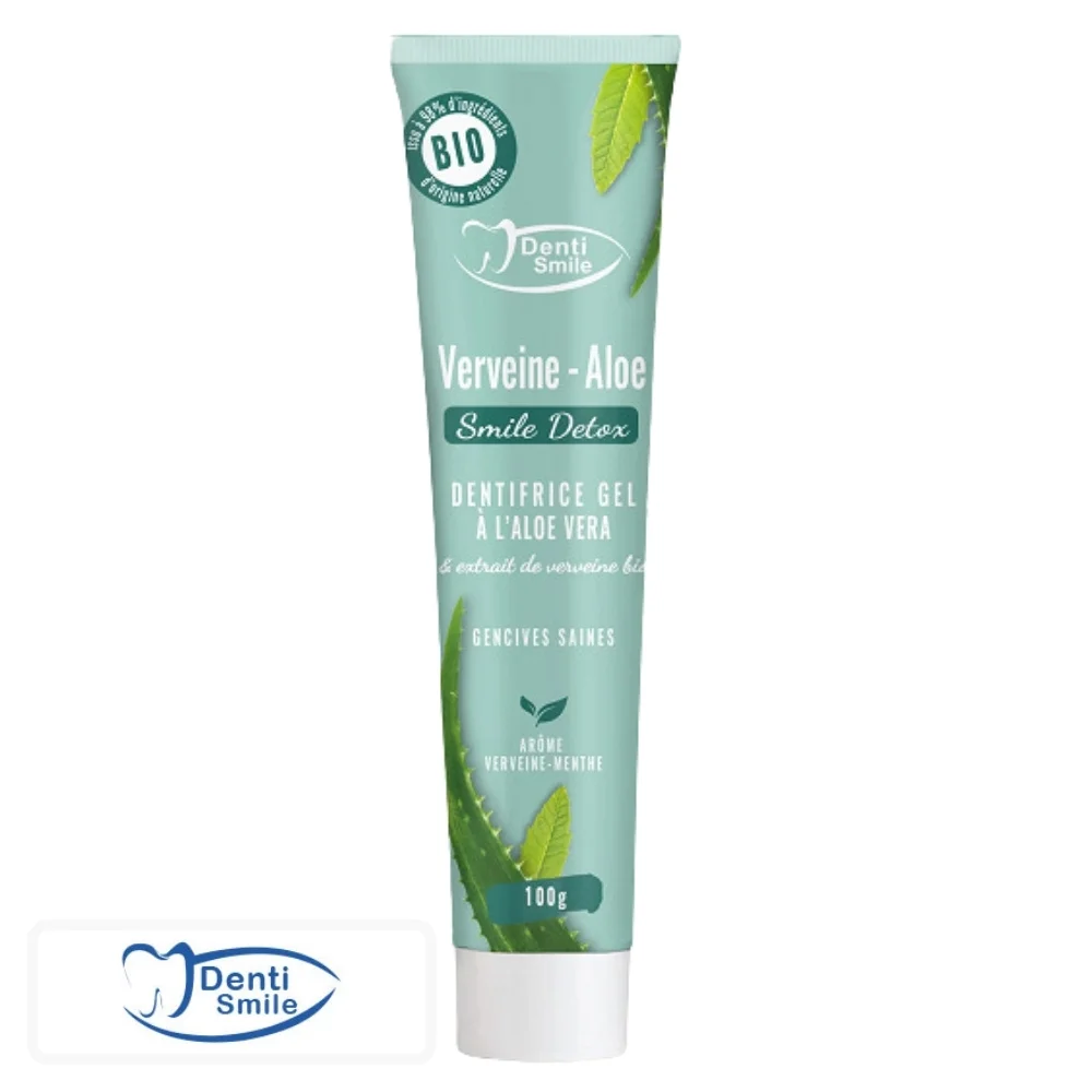 denti-smile-detox-dentifrice-gel-verveine-aloe-vera-gout-verveine-et-menthe-100g.jpg Tube vert d'eau Denti Smile dentifrice gel verveine et aloe vera