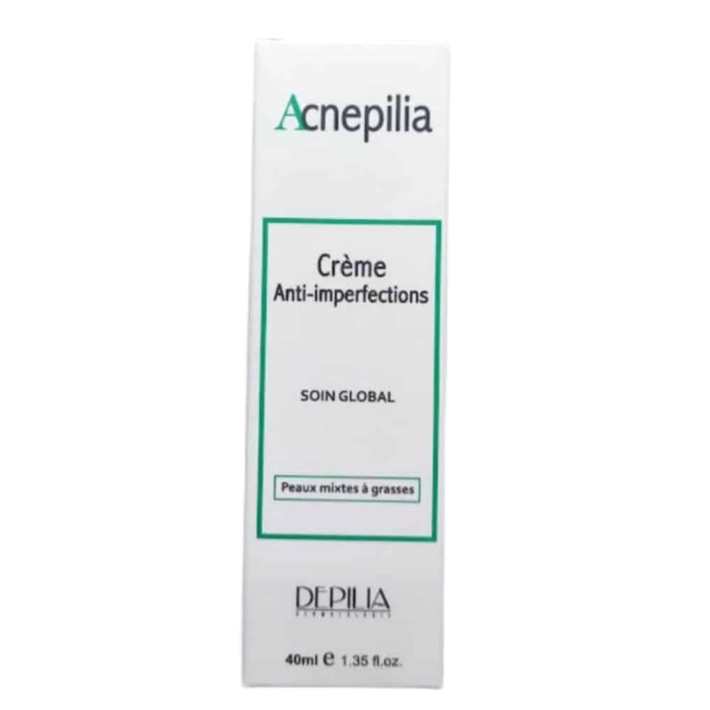 depilia-acnepilia-creme-anti-imperfections-40ml.jpg Étui blanc et vert de la crème anti-imperfections Acnepilia Depilia 40 ml