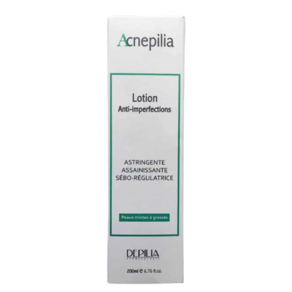 depilia-acnepilia-lotion-anti-imperfections-200ml.jpg Étui blanc et vert de la lotion anti-imperfections Acnepilia Depilia 200 ml