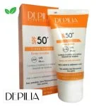 Tube et étui orange de la crème solaire Depilia SPF50+ écran invisible