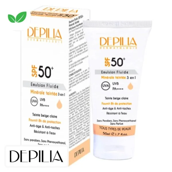 Tube et étui de l'émulsion fluide minérale teintée Depilia SPF50+ 50 ml